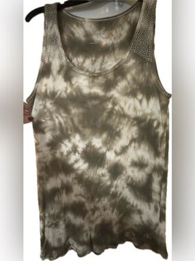 Calvin Klein Olive Green and Cream Tie-Dye Tank with Studded Shoulders